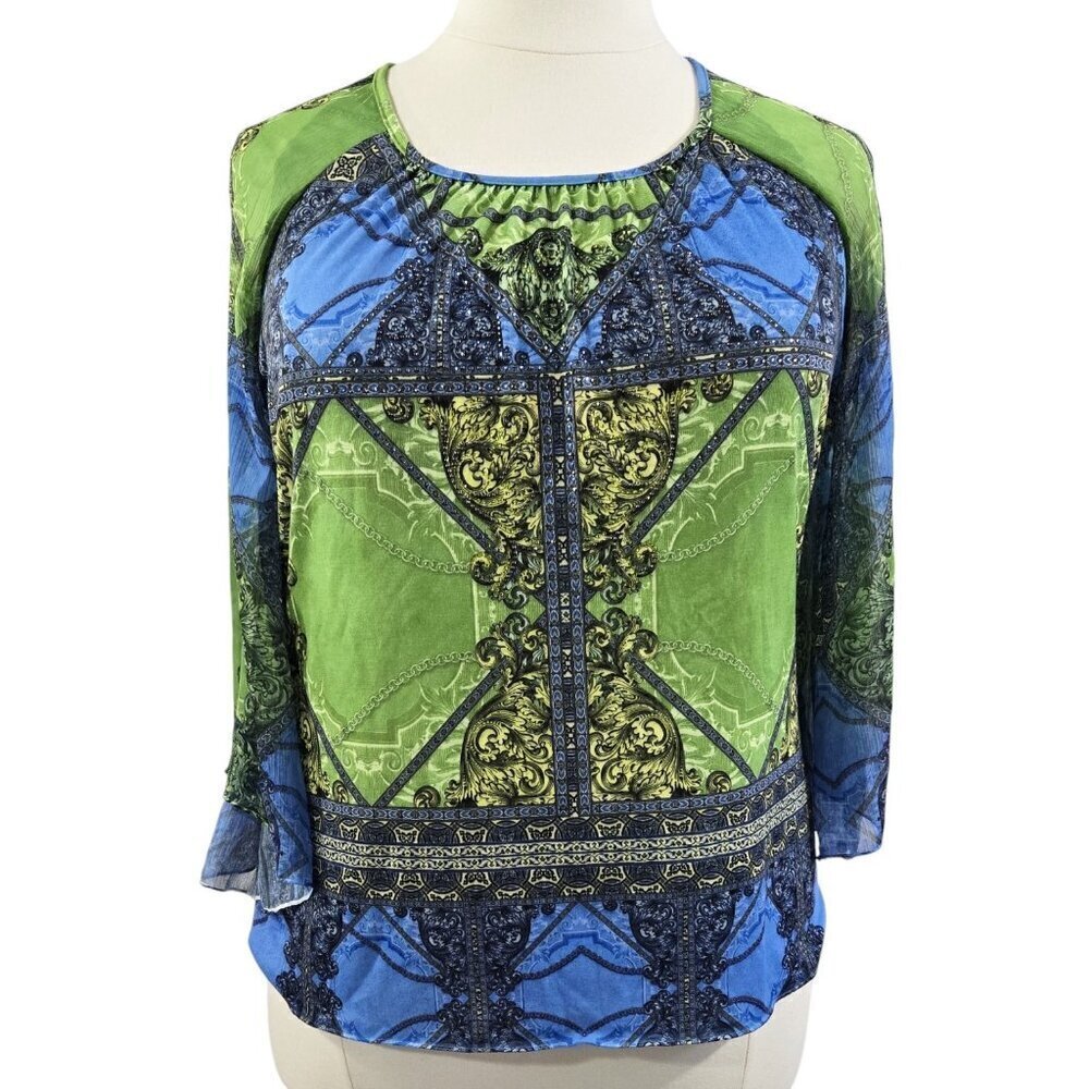 Chico's Green Blue Beaded Boho Flare Sleeve Scoop Neck Top Colorful Maximalist